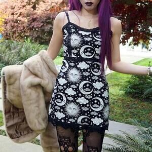 Black white Goth moon stars dress, Gothic minidress size S Too Fast mini dresses